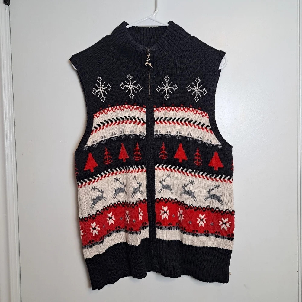 Christopher & Banks Navy Red White Ramie Knit Christmas Zip Up Sweater Vest Sz L